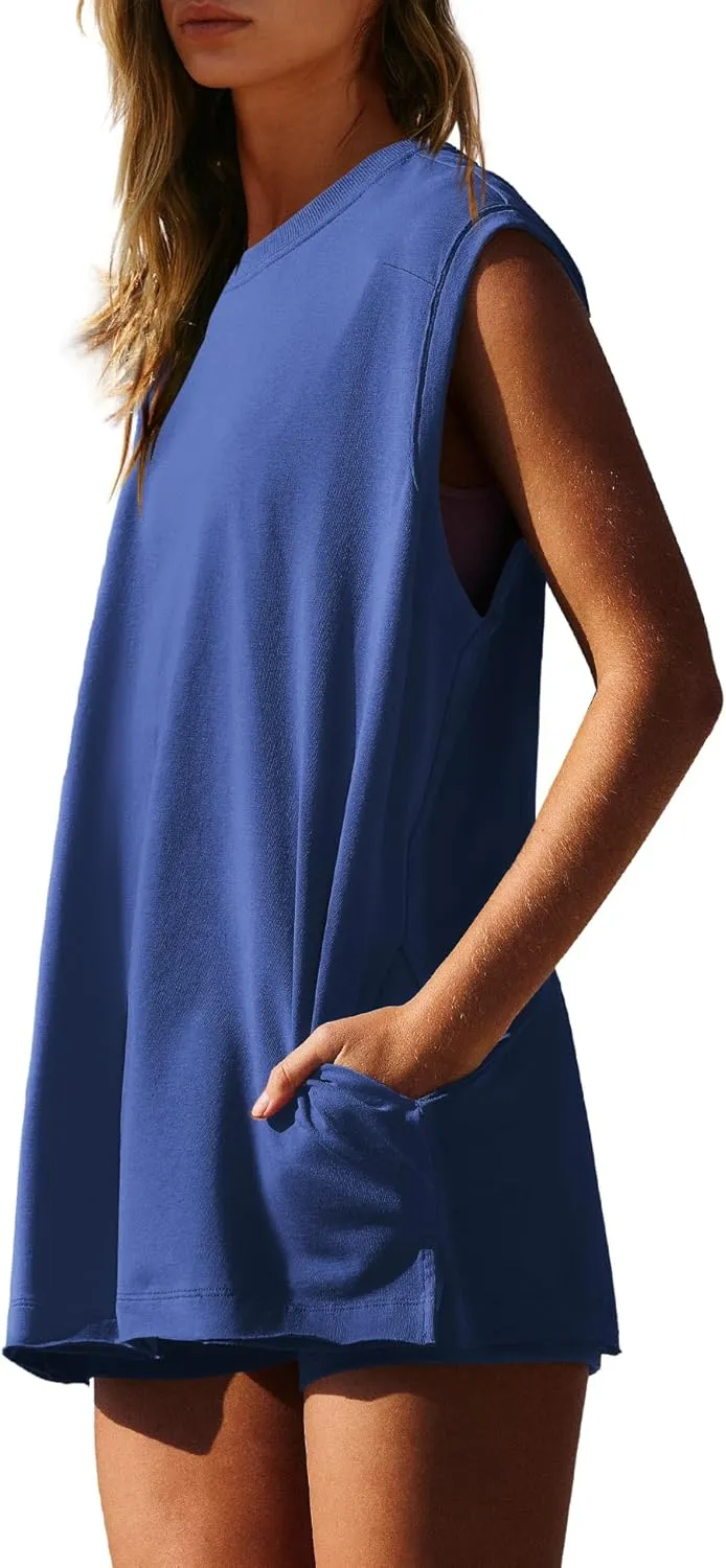 Nirovien Womens 2 Piece Lounge Set Two Piece Matching Set Workout Short Sets Tunic Tops High Waist Shorts