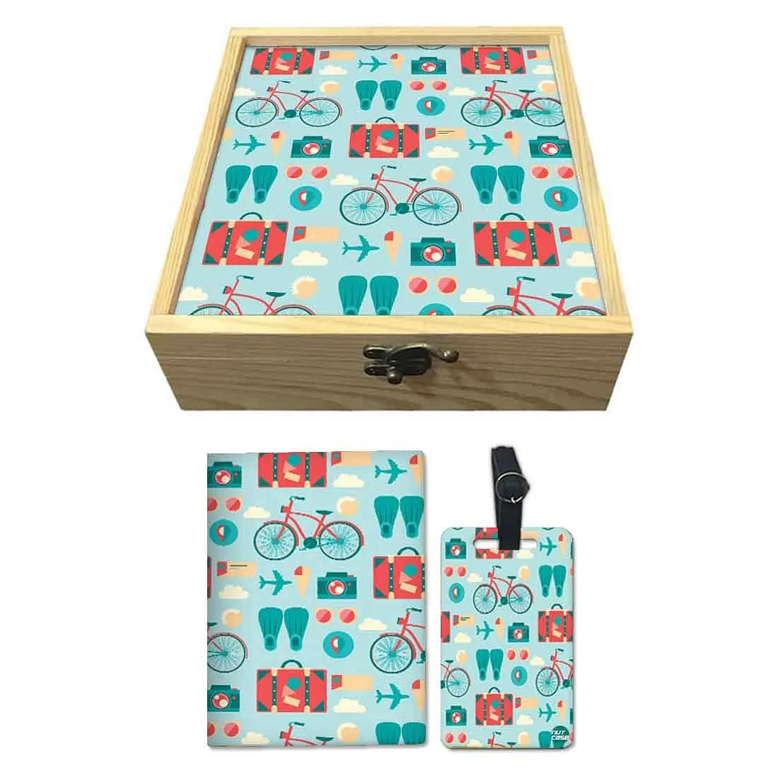 Passport Cover Luggage Tag Wooden Gift Box Set - Doodle Art