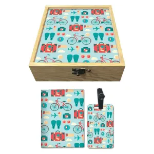 Passport Cover Luggage Tag Wooden Gift Box Set - Doodle Art