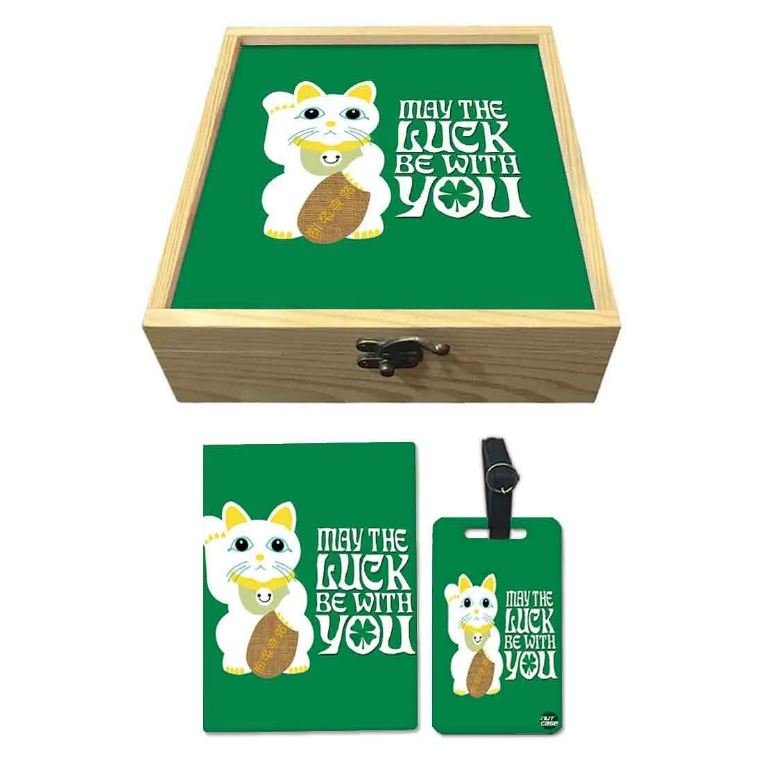 Passport Cover Luggage Tag Wooden Gift Box Set - May The Luck Be With You