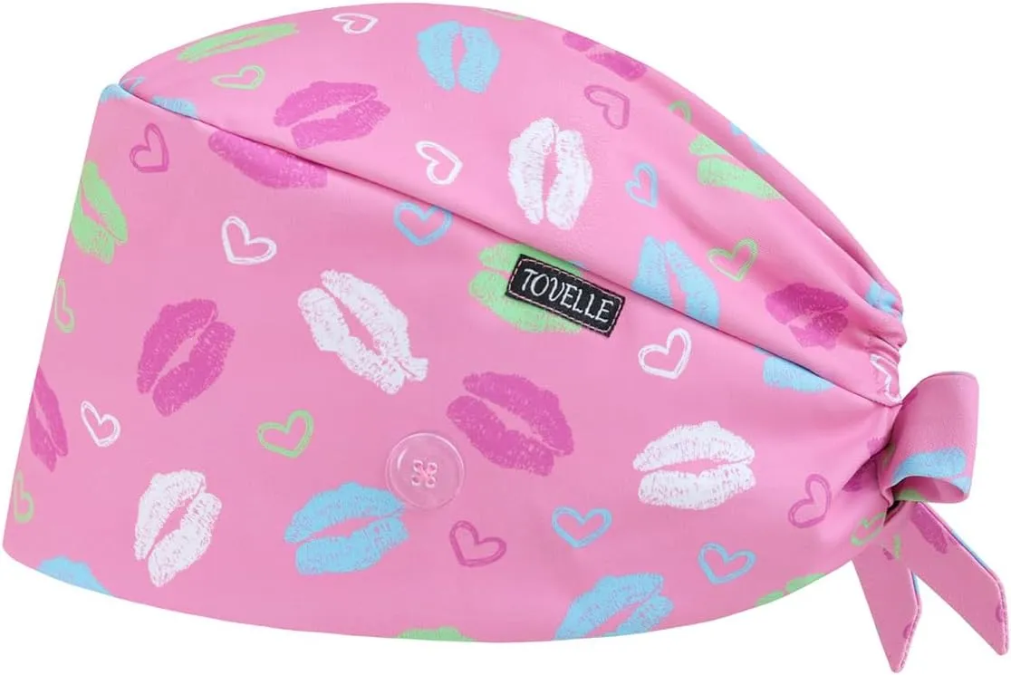 Pink Heart Pattern Scrub Caps for Women with Buttons, Adjustable Static-Resistant Medical Hats, Comfortable and Breathable Surgical Caps with Sweatband for Long Hours