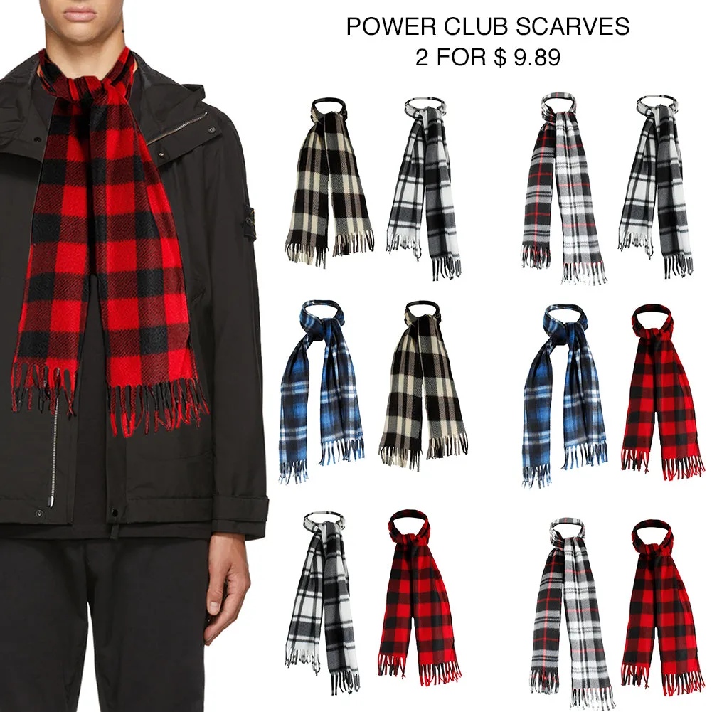 Power Club Men's Supper Soft Fleece Unisex Plaid Fringed Scarves 2 Pack