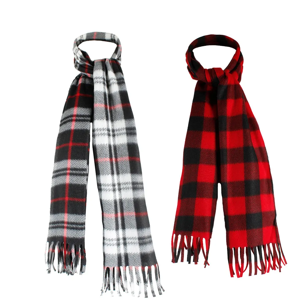 Power Club Men's Supper Soft Fleece Unisex Plaid Fringed Scarves 2 Pack