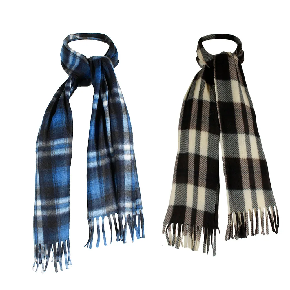 Power Club Men's Supper Soft Fleece Unisex Plaid Fringed Scarves 2 Pack