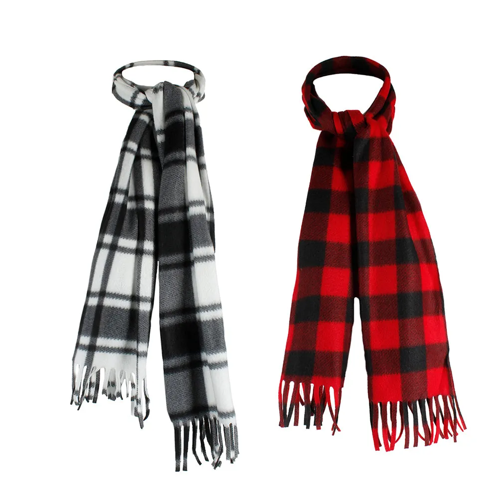 Power Club Men's Supper Soft Fleece Unisex Plaid Fringed Scarves 2 Pack
