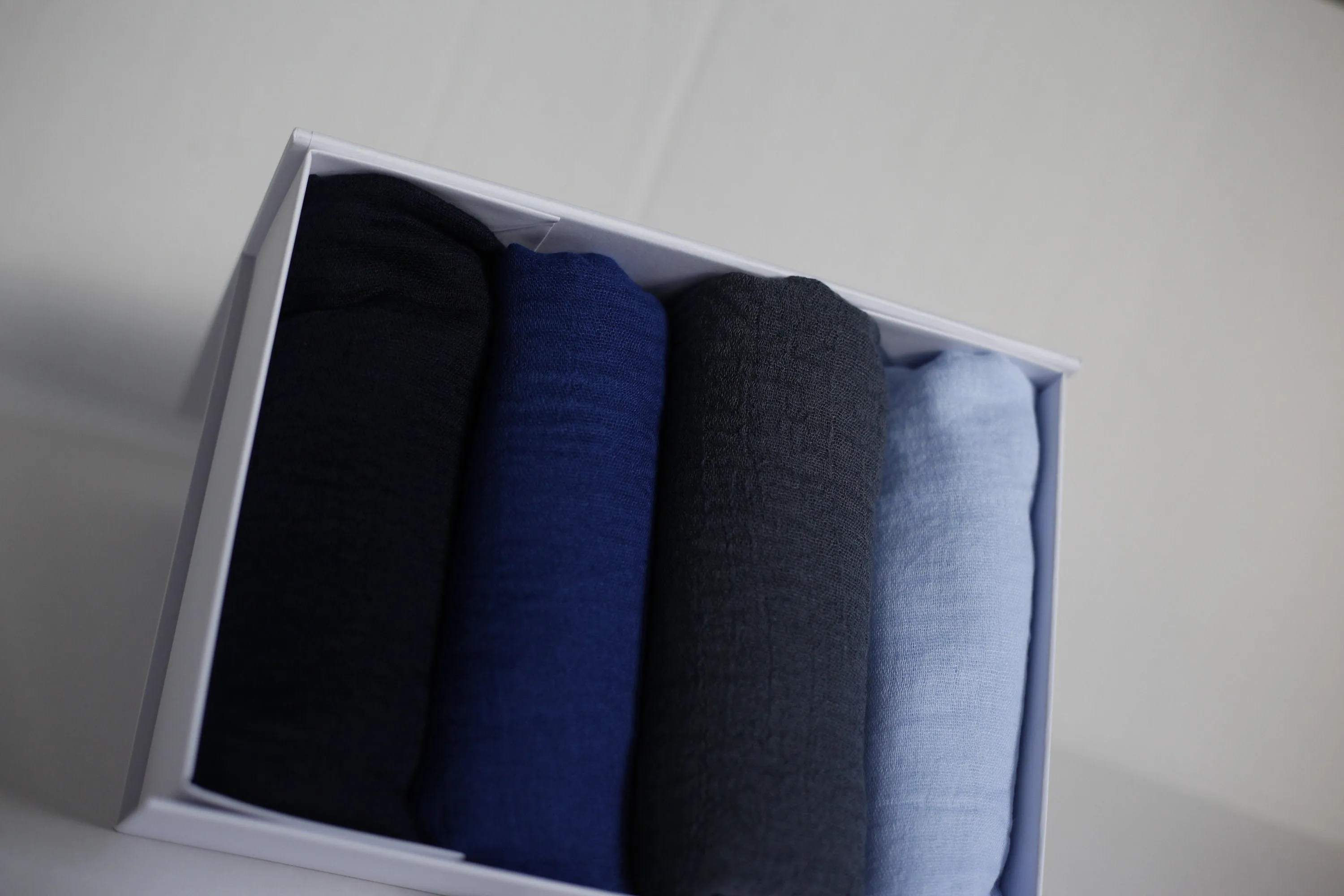 Shades of Light and dark blue crimple scarf with distressed edge, Perfect Eid Hijabs, or if you are gifting hijab gifts, perfectly boxed