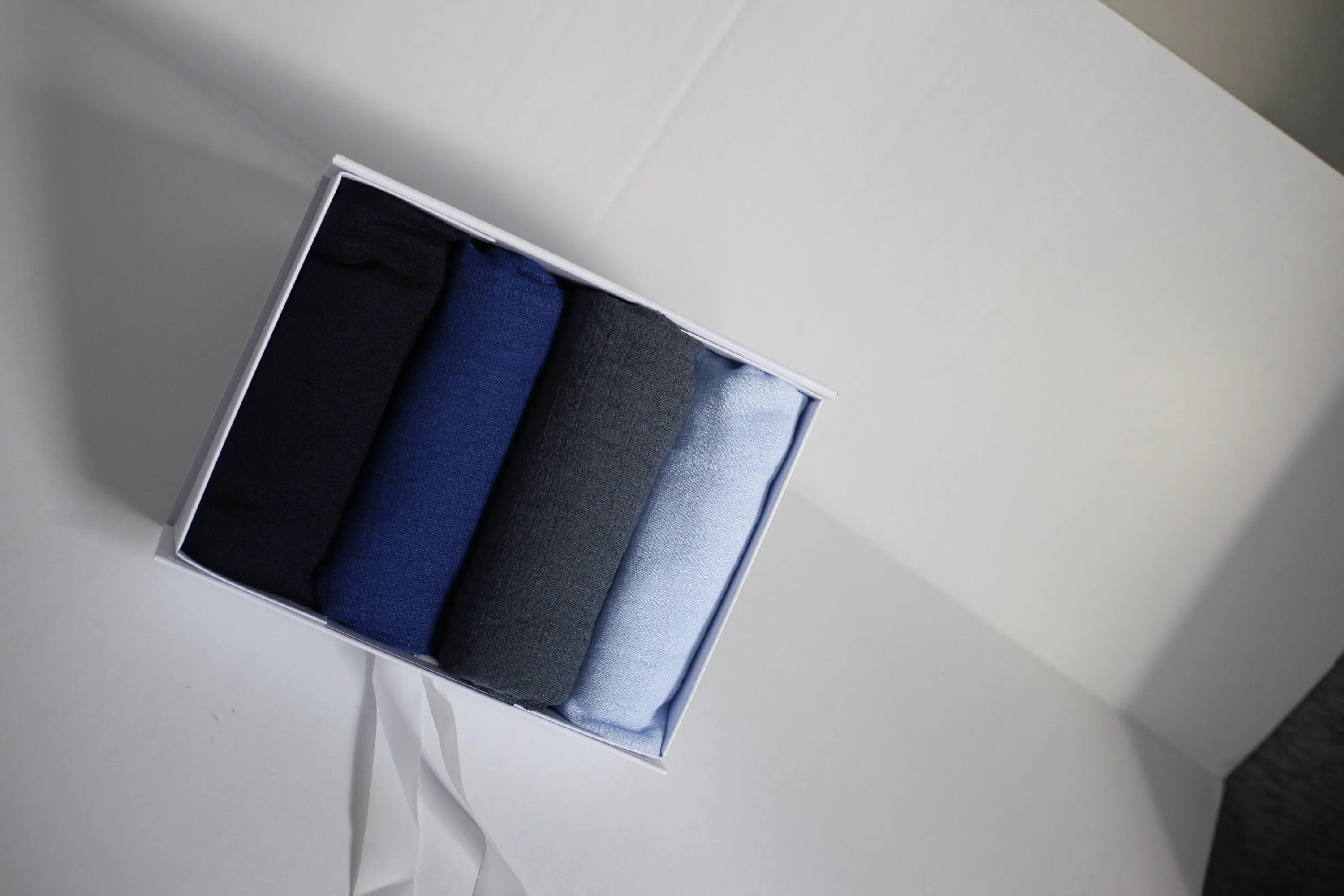 Shades of Light and dark blue crimple scarf with distressed edge, Perfect Eid Hijabs, or if you are gifting hijab gifts, perfectly boxed
