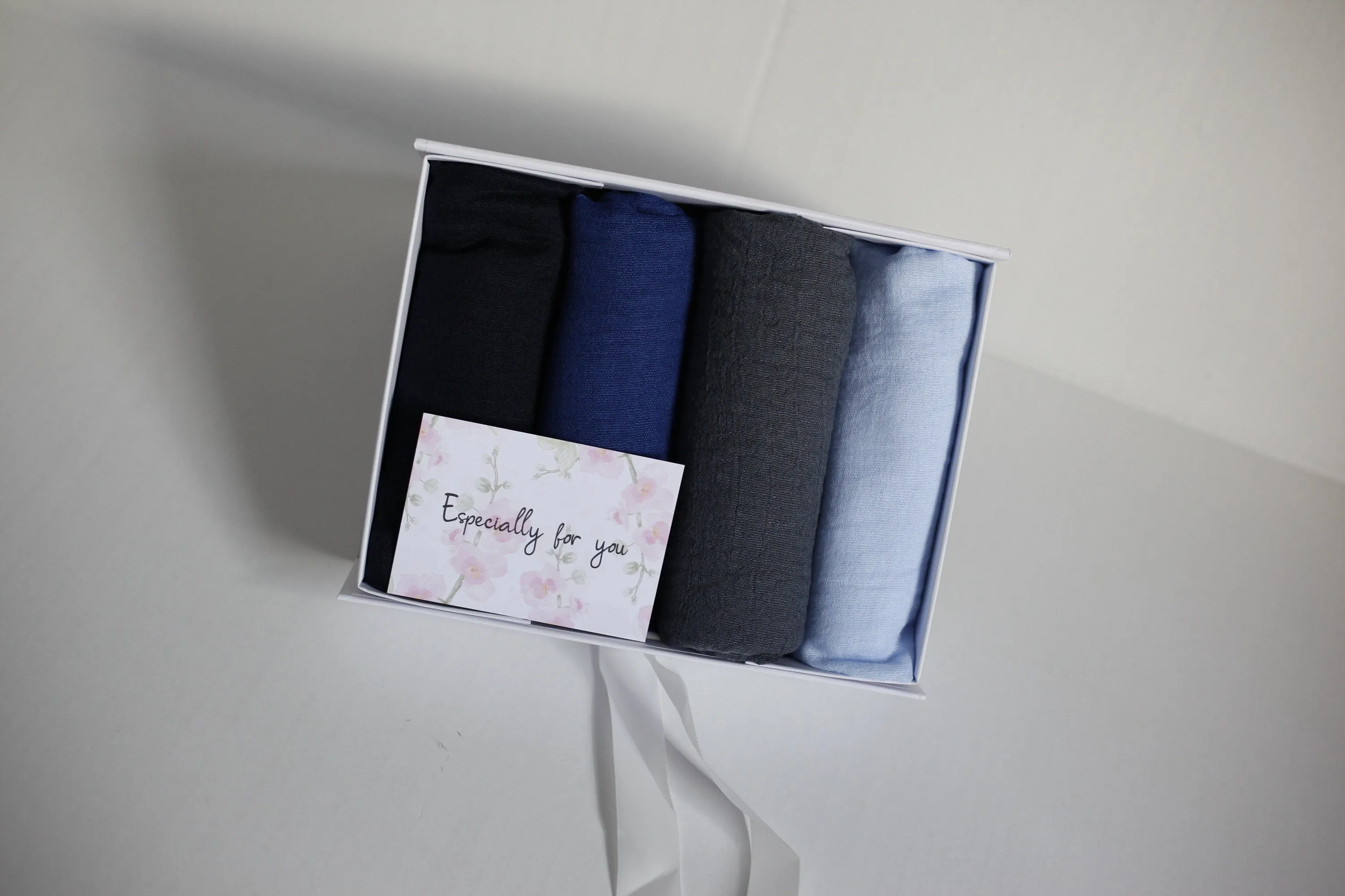 Shades of Light and dark blue crimple scarf with distressed edge, Perfect Eid Hijabs, or if you are gifting hijab gifts, perfectly boxed