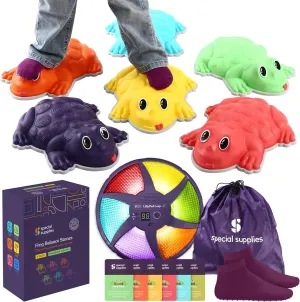 Special Supplies Stepping Stones for Kids - Set of 6 Frog Balance Blocks - Indoor/Outdoor Play - Child Safe Rubber, Non-Slip Edging - Promotes Coordination, Balance, Strength, Game Included