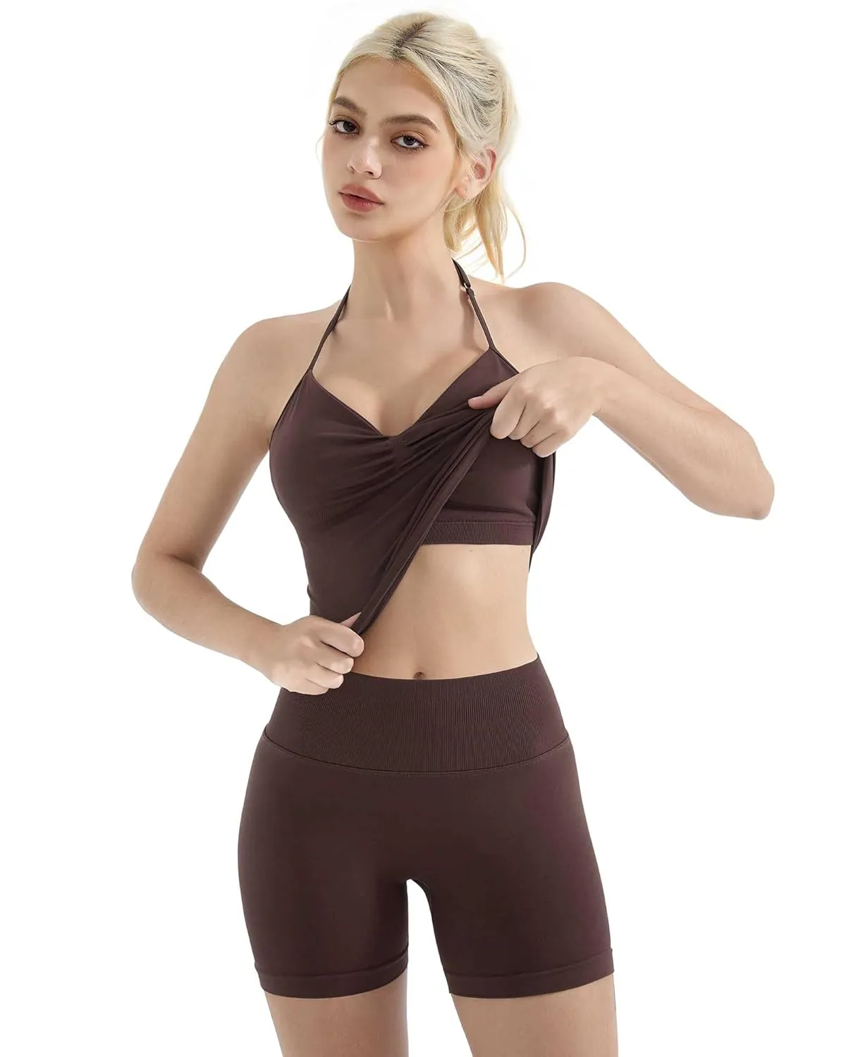 SUUKSESS Women Halter Backless Sports Bra Seamless Padded Ribbed Workout Set Gym Yoga Bra