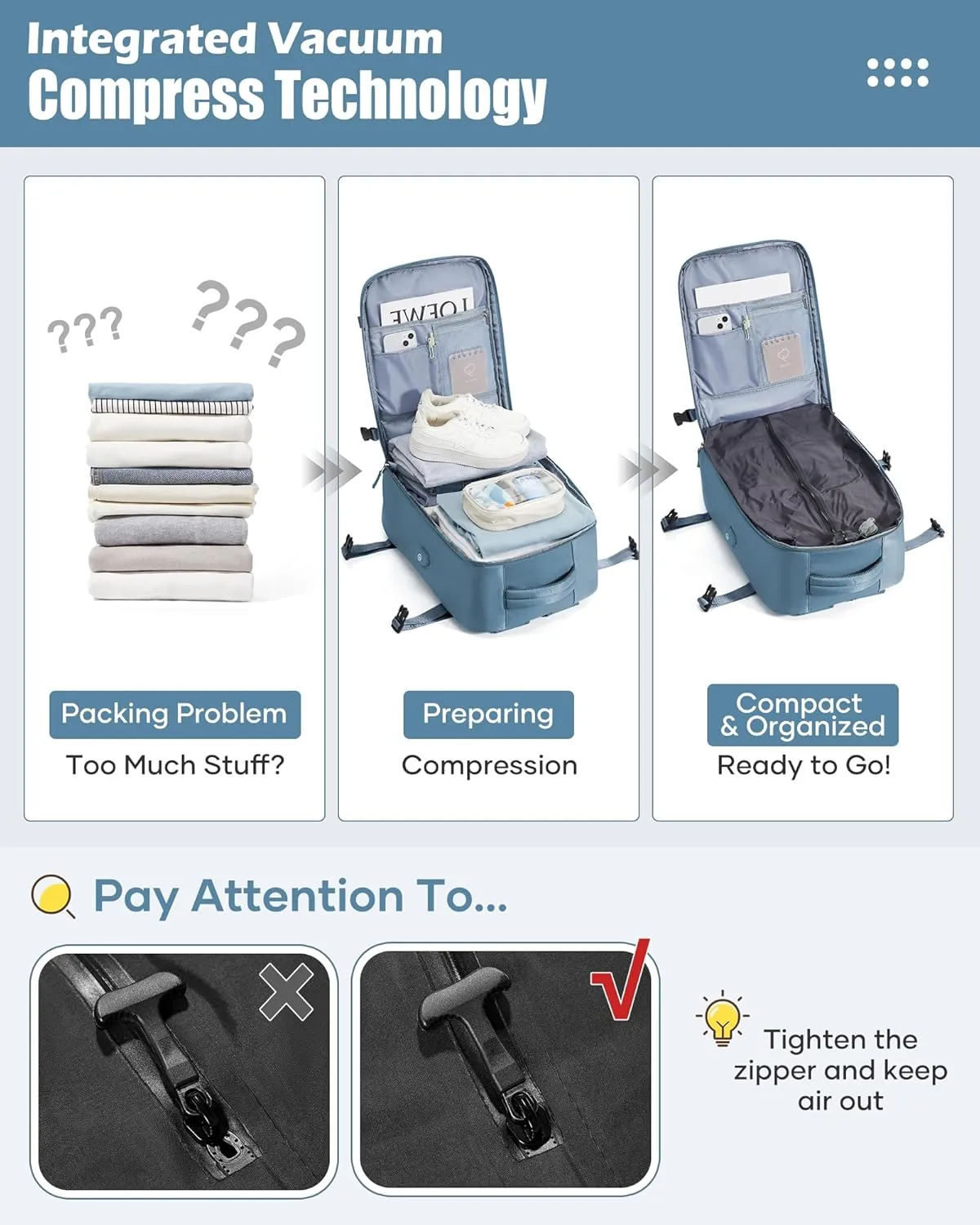 Vacuum Travel Backpack with Pump Vacuum Compression Seal Vacpack Airback Laptop Backpack for Women Men Carry on Backpack Personal Item Travel Bag Luggage Flight Approved Business Back Pack Grey Blue