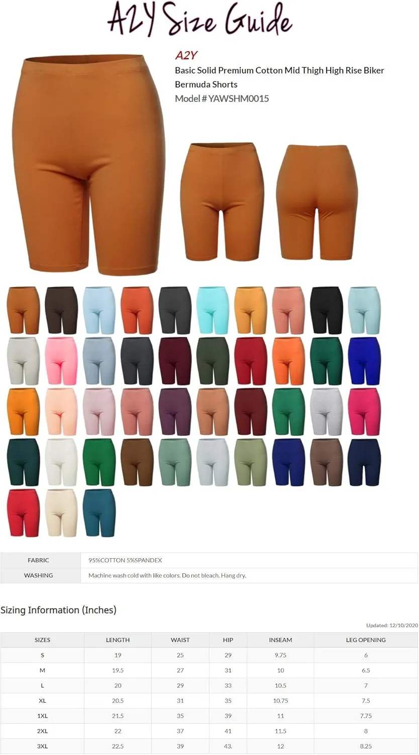 Women's Basic Solid Premium Cotton Mid Thigh High Rise Biker Bermuda Shorts