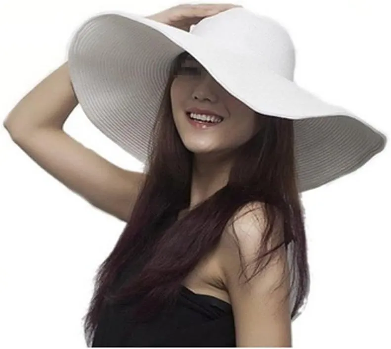 Women's Large Wide Brim Floppy Sun Hat Beautiful Solid Color Beach Sun Visor Shade Straw Hat Cap Summer Beach Hat White