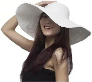 Women's Large Wide Brim Floppy Sun Hat Beautiful Solid Color Beach Sun Visor Shade Straw Hat Cap Summer Beach Hat White